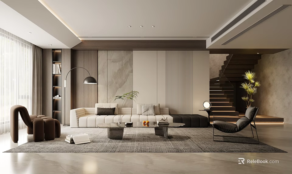 Modern Living Room Interior With Beige Sofa Area Rug Floor Lamp And Wooden Stone Panels 3d model 