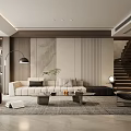 Modern Living Room Interior With Beige Sofa Area Rug Floor Lamp And Wooden Stone Panels