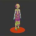 Woman in Gold Sequined Dress Standing on Red Circular Platform with Gray Background
