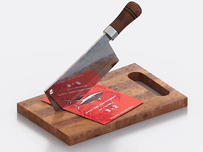 Practical Kitchen Tools Featuring Wooden Cutting Board And Chef Knife With Red Fish Pattern Card 3d model