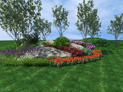 Colorful Flower Garden With Green Lawn Trees And Decorative Rocks 3d model