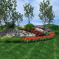 Colorful Flower Garden With Green Lawn Trees And Decorative Rocks
