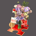 Art Installation With Floral Arrangements Red Decorative Elements And Geometric Structures