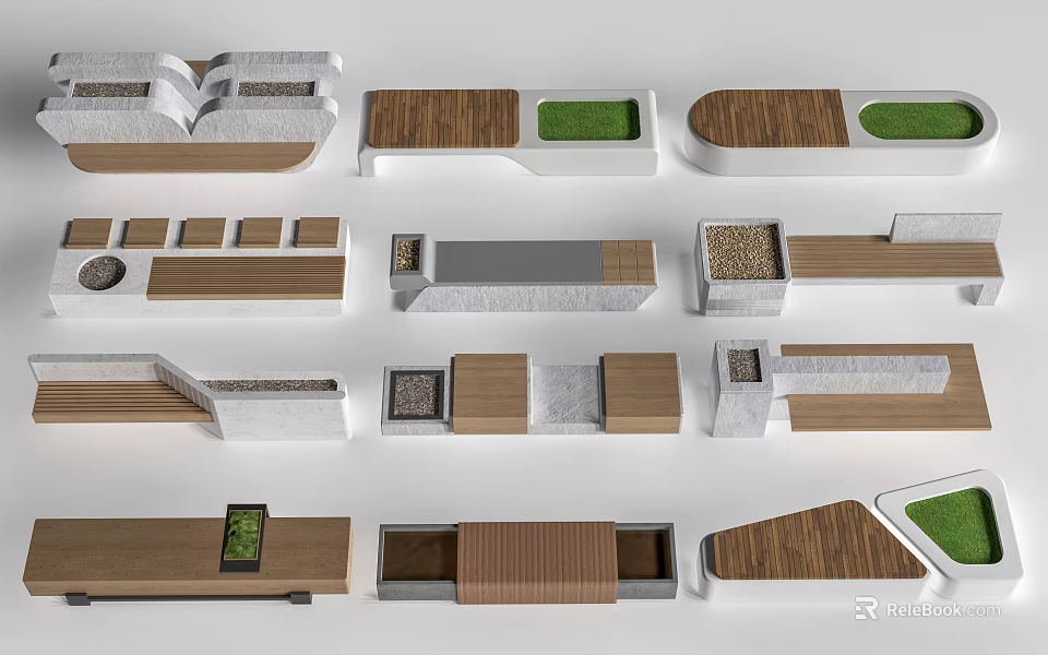 Various Landscape Design Elements With Wood Stone And Green Plant Features 3d model