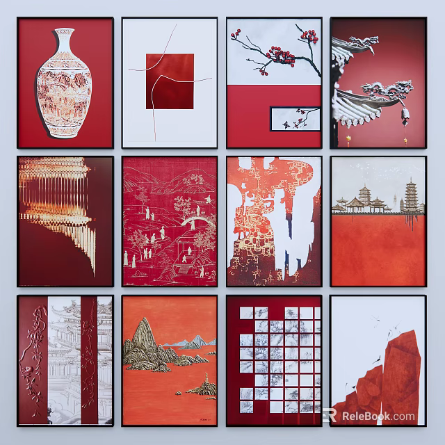 Modern Chinese Wall Art With Red Tones And Various Traditional Patterns 3d model