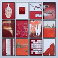 Modern Chinese Wall Art With Red Tones And Various Traditional Patterns 3d model