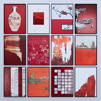 New Chinese Decorative Painting Chinese Red Decorative Hanging Painting Combination Pendant Mural Chinese Hanging Painting Red Hanging Painting 3d model