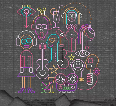 Colorful Abstract Decorative Light with Figures Guitar Stars and Flowers on Dark Background 3d model