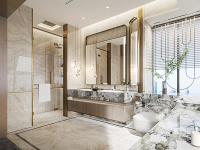 Elegant Modern Bathroom Interior With Marble Vanity Large Mirror And Shower Area 3d model