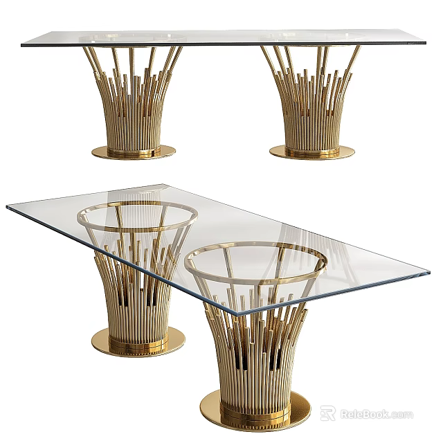 Elegant Modern Dining Table With Glass Top And Gold Radiant Metal Legs Design 3d model 