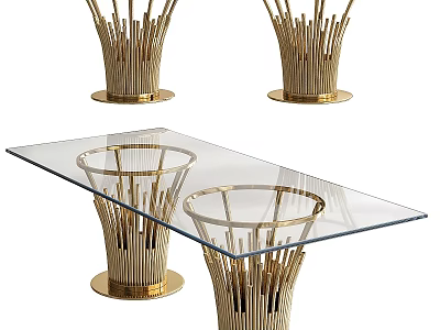 Elegant Modern Dining Table With Glass Top And Gold Radiant Metal Legs Design 3d model