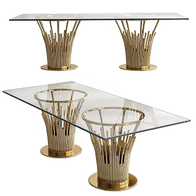 Elegant Modern Dining Table With Glass Top And Gold Radiant Metal Legs Design 3d model