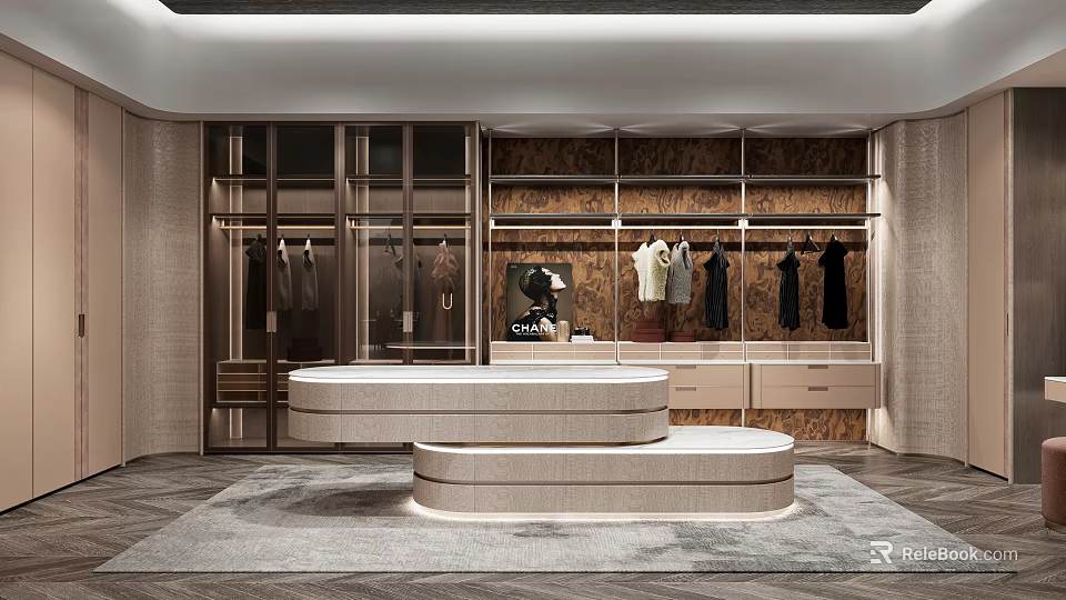Modern Walk in Closet Interior with Open Hanging Area Drawers and Marble Countertop 3d model 