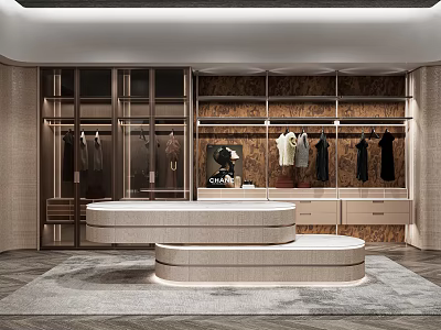Modern Walk in Closet Interior with Open Hanging Area Drawers and Marble Countertop 3d model