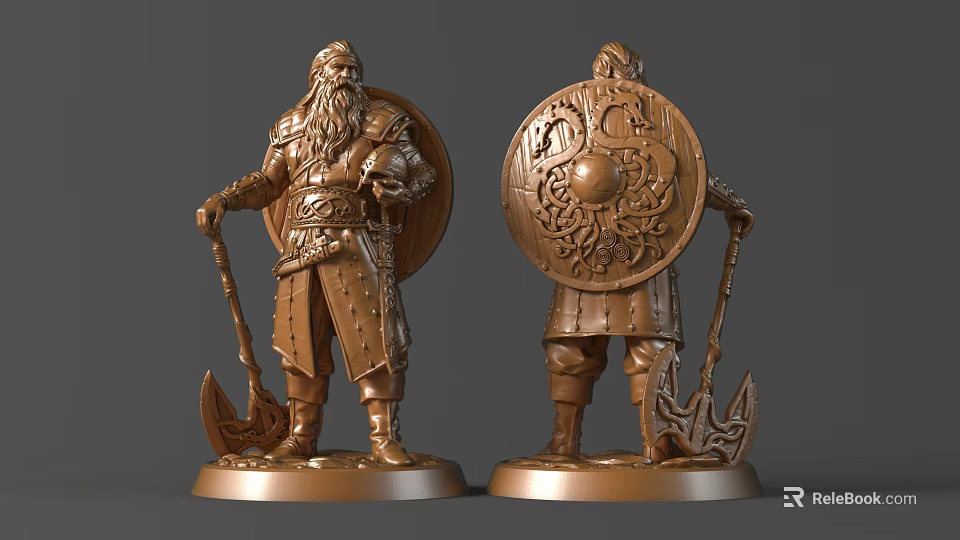 Bronze Viking Warrior Sculptures With Intricate Shield Carving Axe Armor And Beard Details 3d model