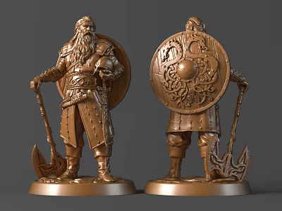 Bronze Viking Warrior Sculptures With Intricate Shield Carving Axe Armor And Beard Details 3d model