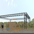 Outdoor Commercial Landscape With Metal Arch Red Sign Wooden Fence Play Equipment