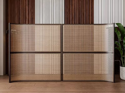 Modern Rattan Room Divider With Black Frame And Wooden Wall White Shutters 3d model