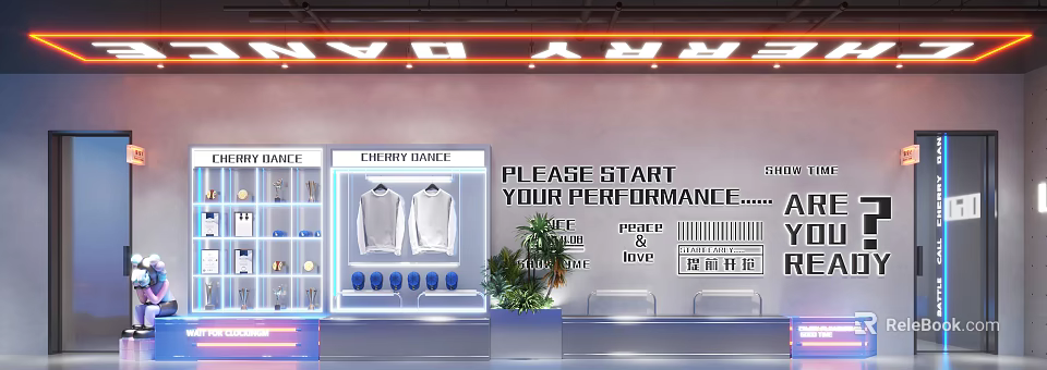 Cherry Dance Display Area With White Clothes Blue Items And Performance Text 3d model