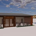 Traditional Architectural Exterior With Wooden Gate Grille And Outdoor Dining Tables