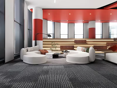 Stylish Modern Lounge Area Interior Design With White Circular Sofas And Coffee Table 3d model