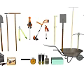 Industrial Equipment Collection With Various Tools Wheelbarrow Shovel Rake And Tool Rack