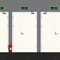Three White Fire Safety Doors With Green Exit Signs And Red Extinguisher