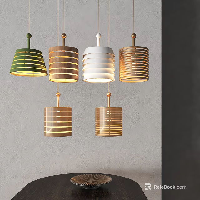 Modern Minimalist Pendant Lights With Green Wooden Striped White And Natural Wood Designs Hanging 3d model 