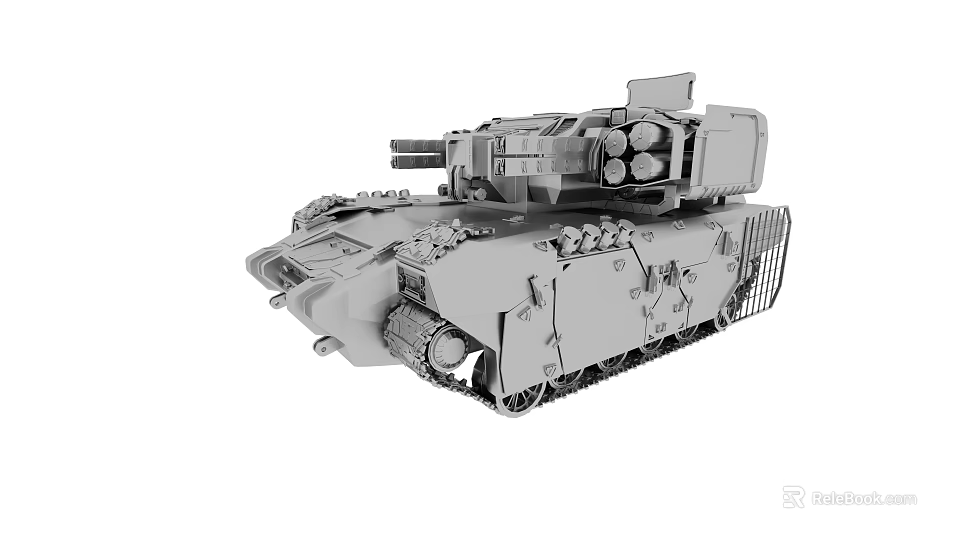 Gray Military Tank 3D Model With Turret Cannon Tracks And Protective Cage Structure 3d model 