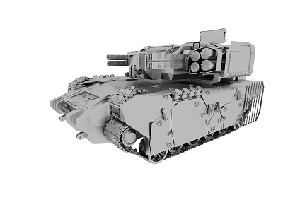 Gray Military Tank 3D Model With Turret Cannon Tracks And Protective Cage Structure 3d model
