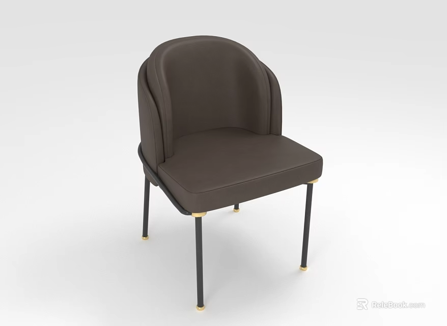 Modern Brown Leather Dining Chair With Curved Backrest Padded Seat And Black Legs Gold Accents 3d model 