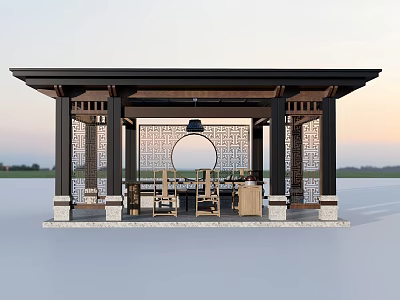 Traditional Outdoor Pavilion With Latticed Screens Circular Design And Wooden Seating 3d model