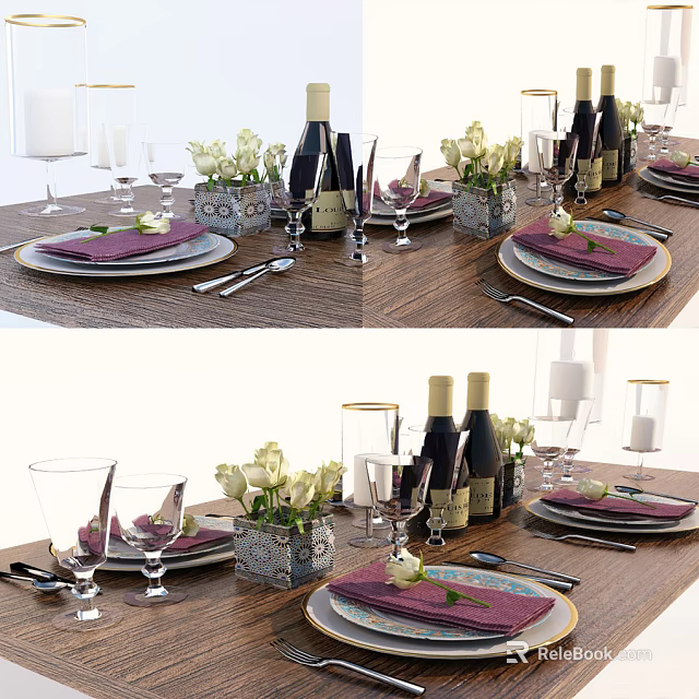 Formal Dinnerware Set With Purple Napkins Silver Cutlery Wine Glasses White Roses And Wine Bottles 3d model 