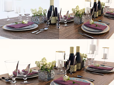 Formal Dinnerware Set With Purple Napkins Silver Cutlery Wine Glasses White Roses And Wine Bottles 3d model