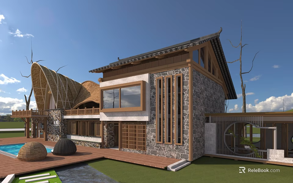 Traditional Modern Guesthouse Building With Sloped Roof Stone Wood Walls And Wooden Terrace Garden 3d model 