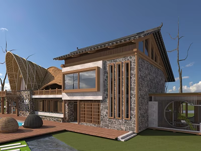 Traditional Modern Guesthouse Building With Sloped Roof Stone Wood Walls And Wooden Terrace Garden 3d model