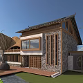 Traditional Modern Guesthouse Building With Sloped Roof Stone Wood Walls And Wooden Terrace Garden