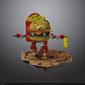 Yellow And Red Hamburger Themed Robot Figure Standing On Rock Platform Holding Yellow Object