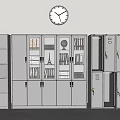 Gray Metal Bookcases with Glass and Metal Doors Open Showing Books Documents and Wall Clock