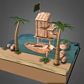 Rustic Wooden Stilt House with Palm Trees and Bangladeshi Flag by Sandy Beach Water