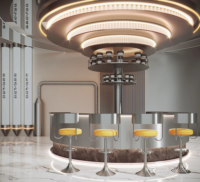 Stylish Modern Bar Interior With Round Counter Yellow Stools And Hanging Lights 3d model