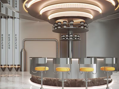 Stylish Modern Bar Interior With Round Counter Yellow Stools And Hanging Lights 3d model