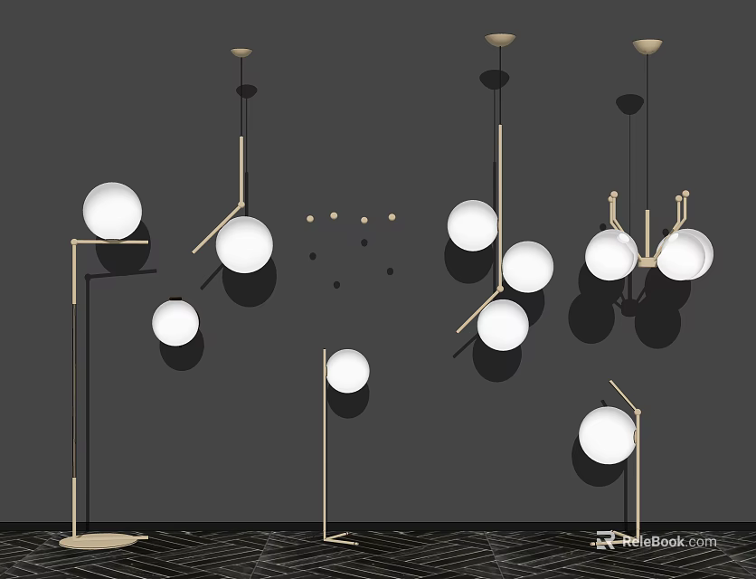 Modern Lighting Combination With White Round Shades And Metal Frames For Interior Decor 3d model