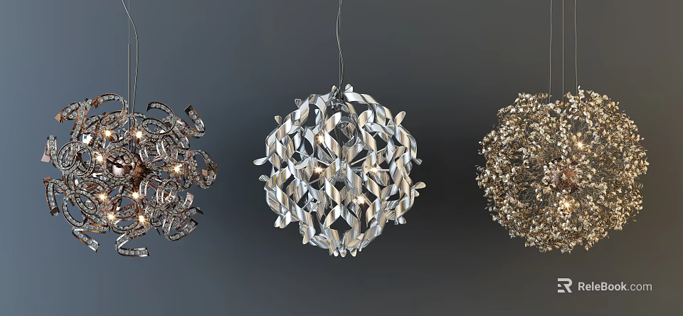 Modern Metallic Chandeliers with Spherical Geometric Patterns and Intricate Woven Details for Contemporary Interior Decor 3d model 