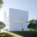 Historic White Church Building With Cross Spire Surrounding Trees And People