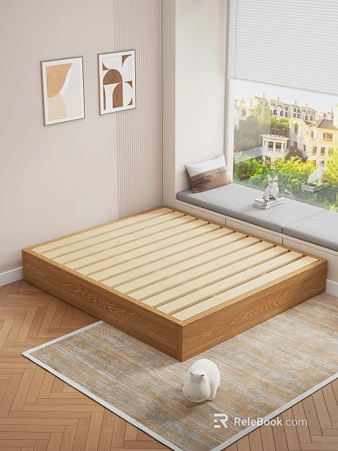 Cozy Bedroom Interior With Wooden Platform Bed Window Seat And Framed Wall Art 3d model 