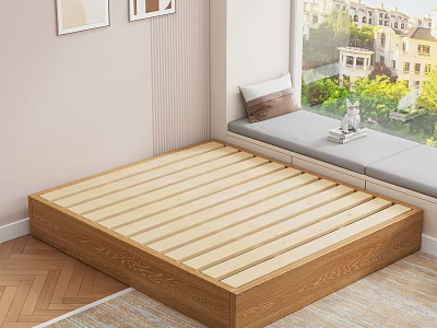 Cozy Bedroom Interior With Wooden Platform Bed Window Seat And Framed Wall Art 3d model