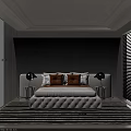 Stylish Tufted Double Bed With Decorative Pillows In Modern Minimalist Grey Bedroom Interior Design