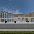 Modern Visitor Center Featuring Glass Curtain Walls Curved Roof and Open Plaza with People