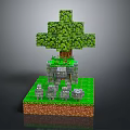 Minecraft Style Pixel Landscape With Large Tree Stone Structure And Sheep On Green Grass 3d model